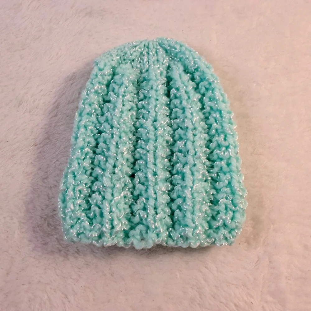 Handmade Knit Beanie Preemie Aqua Blue New Shimmer Ribbed Photo Prop‎ Gift